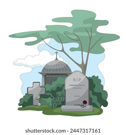 Cemetery. There are several graves with tombstones on the green grass. Burials under a tree surrounded by greenery and shrubs. Flowers on the graves. Vector Flat illustration.