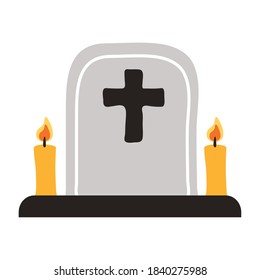 cemetery tomb with cross and candles flat style icon vector illustration design