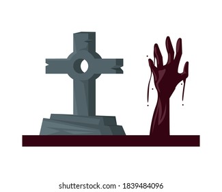 cemetery tomb with cross and death hand vector illustration design