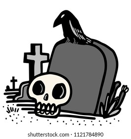 Cemetery with a tomb and a crow perched on top of it
