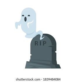 cemetery tomb with rip word and ghost vector illustration design