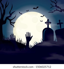 cemetery with tombs and hands zombies