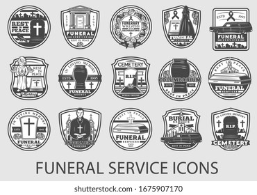 Cemetery tombstone and coffin vector icons, funeral and burial service. Cremation urn, interment religious ceremony and grave cross, flower wreath and bible, priest, widow and car