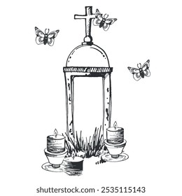 Cemetery, tombstone with a cross and burning candles below, moths flying around the cross. Halloween. All objects are hand-drawn with ink and transferred to vector. For cards, Halloween invitations.