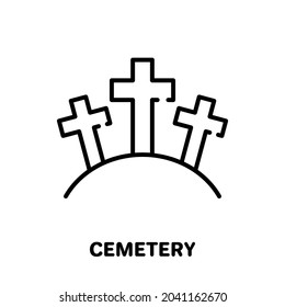 Cemetery with Tombstone and Cross Line Icon. Gravestone, Tomb, Tombstone Linear Pictogram. Graveyard Spooky Halloween Symbol Outline Icon. Editable Stroke. Isolated Vector Illustration.