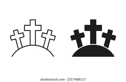 Cemetery with Tombstone and Cross Line and Silhouette Black Icon Set. Gravestone, Tomb, Tombstone Pictogram. Spooky Graveyard, Halloween Symbol Collection. Isolated Vector Illustration.