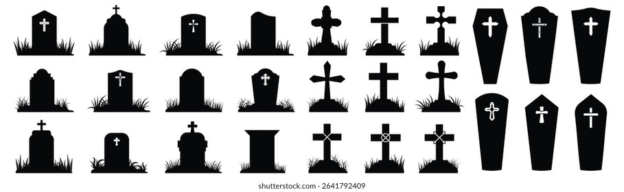 Cemetery tombstones crosses collection in black. Vector illustration