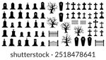 Cemetery tombstones with crosses, graveyards and headstones, vector fence and trees. Coffins and caskets with gravestones and RIP cross, tombstone memorial with crypts and funeral grave silhouettes