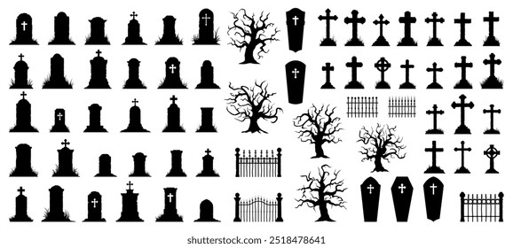 Cemetery tombstones with crosses, graveyards and headstones, vector fence and trees. Coffins and caskets with gravestones and RIP cross, tombstone memorial with crypts and funeral grave silhouettes