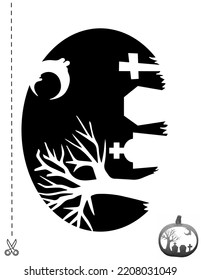 Cemetery, tree, moon. Graves. Halloween pumpkin stencil. Printable page, book with stencils and 3d pumpkin mockup.