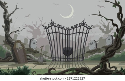 Cemetery under the moon. Forged vintage
gate, lock, cemetery entrance, graves, tombs, cobweb coffin. Night cemetery moonlight, spooky twisted trees. Halloween background. Vector cartoon illustration.