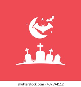 Cemetery And Vampire Moon Halloween Concept Flat Icon On Red Background