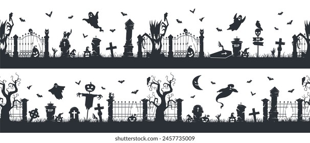 Cementerio vista bordes sin fisuras. Espeluznantes decoraciones de cementerio de halloween, espeluznantes lápidas, murciélagos, árboles de miedo y fantasmas conjunto de Ilustración vectorial plana. Siniestro paisaje infinitas siluetas