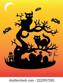 cemetery whit an old tree whit cats
