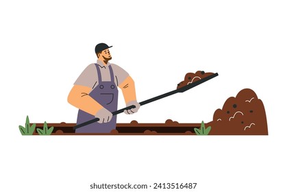 Cemetery worker dig grave with shovel. Man dripping pit in ground. Preparation before burial ceremony and funeral service. Isolated flat vector illustrations concept.