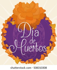 Cempasuchil (or marigold flower) petals around a floral button with Mexican traditional skull commemorating "Dia de Muertos" (translate from Spanish: "Day of the Dead") celebration.