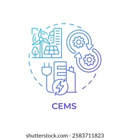 CEMS blue gradient concept icon. City electrification, energy management. Control system. Round shape line illustration. Abstract idea. Graphic design. Easy to use in infographic, presentation