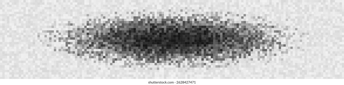 Censor glitch noise texture. Scattered black horizontal shape simulates blocked data or privacy mask with pixelated static. Abstract digital interference. Vector illustration.