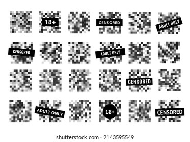 Censor monochrome mosaic pixel blur vector bars. Censorship blurred adult content or nudity with censored, adult only and 18 plus black signs, pixelation effect of monochrome square for photo or video