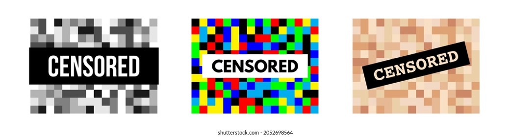 Censor pixel bar set with censored word vector illustration. Mosaic signs of black and grey, skin or random color, blur effect in nudity censorship stamp, simple digital collection isolated on white