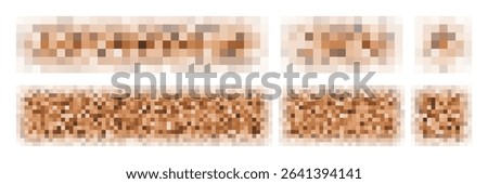 Censor pixel png. Blurred censure mosaic effect, People face image overlay. Square bar to hide secret word, naked body, screen nudity. Beige skin color, unknown private content. Vector tv bg template