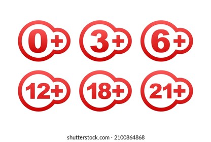 Censored 0, 3, 6, 12, 18, 21 plus sign limit concept. Age restrictions, censorship. Vector stock illustration