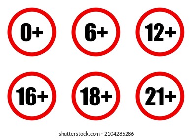 Censored 0, 3, 6, 12, 18, 21 plus sign limit concept. Age restrictions, censorship. Vector stock illustration