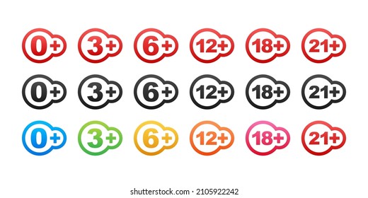 Censored 0, 3, 6, 12, 18, 21 plus sign limit concept. Age restrictions, censorship. Vector stock illustration