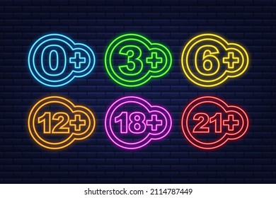 Censored 0, 3, 6, 12, 18, 21 plus sign limit concept. Age restrictions, censorship. Neon style. Vector stock illustration.