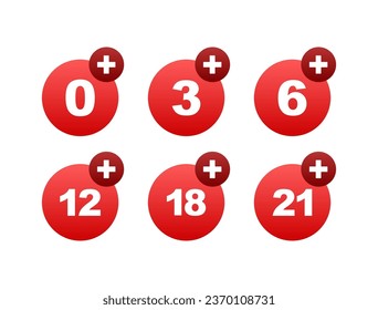 Censored 0, 3, 6, 12, 18, 21 plus sign limit concept. Age restrictions censorship Vector stock illustration