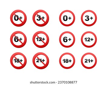 Censored 0, 3, 6, 12, 18, 21 plus sign limit concept. Age restrictions censorship Vector stock illustration