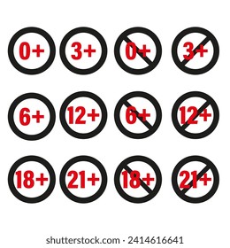 Censored 0, 3, 6, 12, 18, 21 plus sign limit concept. Age restrictions censorship symbol. Vector illustration. EPS 10.