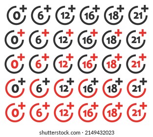 Censored 0, 6, 12, 18, 21 Years Icon. Age Rectictions Illustration Symbol. Sign Censorship Vector.