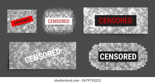 Zensurierte unscharfe Leisten mit pixeligen Hintergründen und Zensurtext-Etiketten in Schwarz, Weiß oder Rot zur Inhaltsbeschränkung. Datenschutzstempel mit Mosaikmustern zur Sperrung vertraulicher Mediendaten