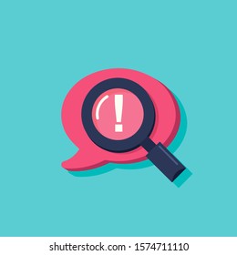 Censored content identifying vector icon, flat cartoon exclamation sign and magnifier glass, concept of chat message alert.