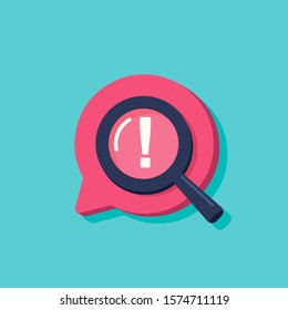 Censored content identifying vector icon, flat cartoon exclamation sign and magnifier glass, concept of chat message alert.
