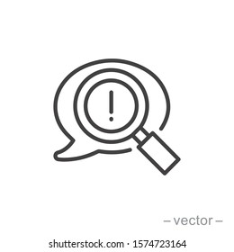 Censored content identifying vector icon, thin line exclamation sign and magnifier glass, concept of chat message alert.