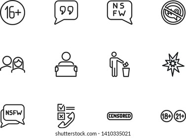 Censored content line icon set. Stamp, adult content, man throwing paper. Control concept. Can be used for topics like safety, censorship, parental control, virus
