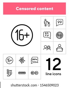 Censored content line icon set. Stamp, adult content, man throwing paper. Control concept. Can be used for topics like safety, censorship, parental control, virus