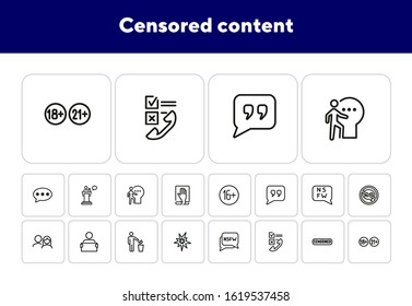 Censored content line icon set. Stamp, adult content, man throwing paper. Control concept. Can be used for topics like safety, censorship, parental control, virus