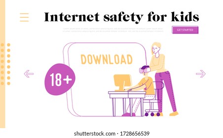 Censored Internet Information Landing Page Template. Woman Closing Son Eyes Protecting From Adults Online Content. Parenting Control. Boy Sit At Desk With Computer. Linear People Vector Illustration