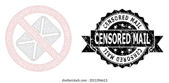 Censored Mail rubber stamp seal and vector censored mail mesh model. Black seal has Censored Mail caption inside ribbon and rosette. Abstract flat mesh censored mail, created from flat mesh.