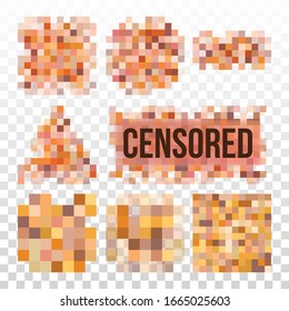 Píxeles De Prohibición De La Nudidad Censurados Establecen Vector. Colección De Rectángulo Colorido, Triángulo, Diseño De Forma Cuadrada Y Redonda Censura Barra De Textura Borrosa. Ilustraciones planas de control de contenido de censura