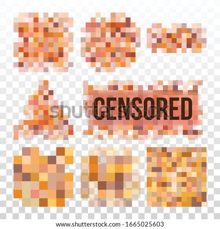 Censored Nudity Prohibition Pixels Set Vector. Collection Of Colorful Rectangle, Triangle, Square And Round Shape Design Censored Blurred Texture Bar. Censorship Content Control Flat Illustrations