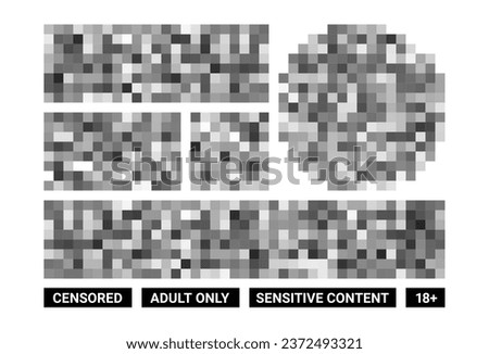 Censored pixel. Blur effect semi transparent texture, blurry pixel grey censorship censor patterns, blurred bar for photo, app and tv isolated vector set. Restricted content, sensitive information