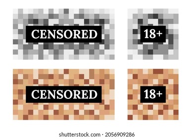 Censored sign set from pixel blur. Square color background in mosaic design. Blurry effect for protection face and body on a photo and video. Digital censorship for content, vector illustration