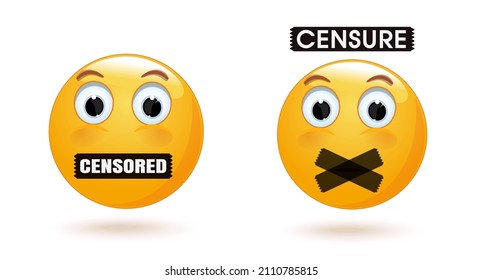 Juego de símbolos censurado. Cara emoticono con la boca tapada. Emoji simboliza la censura. Icono de silencio. Ilustración del vector