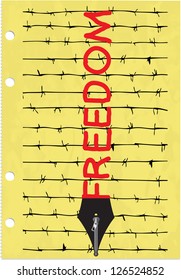 Censorship concept with barbed wire, zipper and pen
