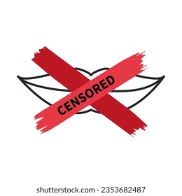 Censorship control over self expression and freedom of speech. Censored media content symbol. Female sealed mouth. Linear vector illustration on white background.