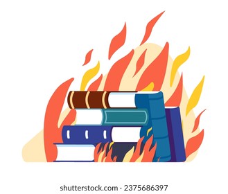 Censorship and dictatorship. Stack of books on fire. Textbooks burning in flame. Censored literature. Education destruction. Damaged knowledge. Information restriction